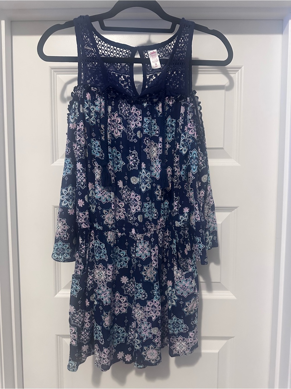 Justice Navy Floral Crochet Yoke Cold-Shoulder Romper